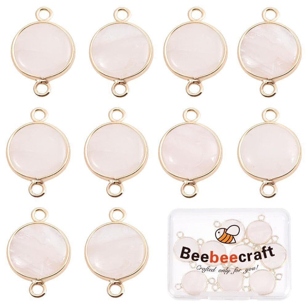 1709 1 Box 10Pcs Gemstone Link Charm Natural Rose Quartz Pink Golden Flat